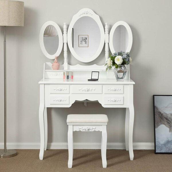Coiffeuse fille d’angle avec miroir de maquillage lampe miroir Design Moderne – Image 2