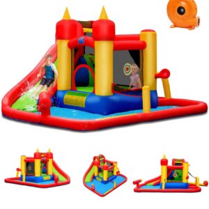 GOPLUS 7 en 1 Château Gonflable ,Aire de Jeux Aquatique avec Zone de Saut de Mur d'escalade et Toboggan pour Fête de l'eau d'Eté des Enfants