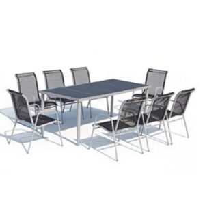 Lusiana 8 : ensemble de jardin en acier inoxydable gris et textilène 8 personnes