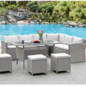SOLEDAD - Salon de jardin canapé d'angle en résine tressée 8 personnes - Gris