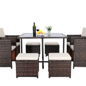 BAMNY Ensemble de table à manger en rotin 9 pièces ensemble de meubles d'extérieur ensemble de table à manger chaise en rotin ensemble de table de jardin pour cour patio