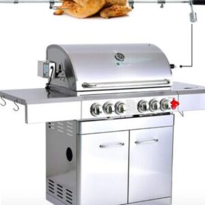 Barbecue à Gaz INOX 4 BRÛLEURS + 1 KIT RÔTISSOIRE (1 BRÛLEUR Infrarouge & TOURNEBROCHE)+ 1 Réchaud et Thermomètre, 22KW,Grille/Plancha inclus - DÖNER GREADEN - Inox