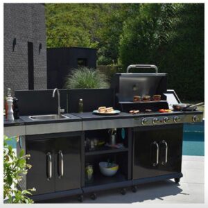Barbecue au gaz 4 brûleurs et plancha, desserte et évier - FIDGI