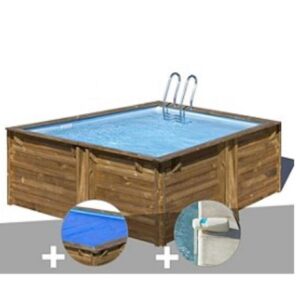 Kit piscine bois Gré Carra 3,05 x 3,05 x 1,19 m + Bâche à bulles + Alarme