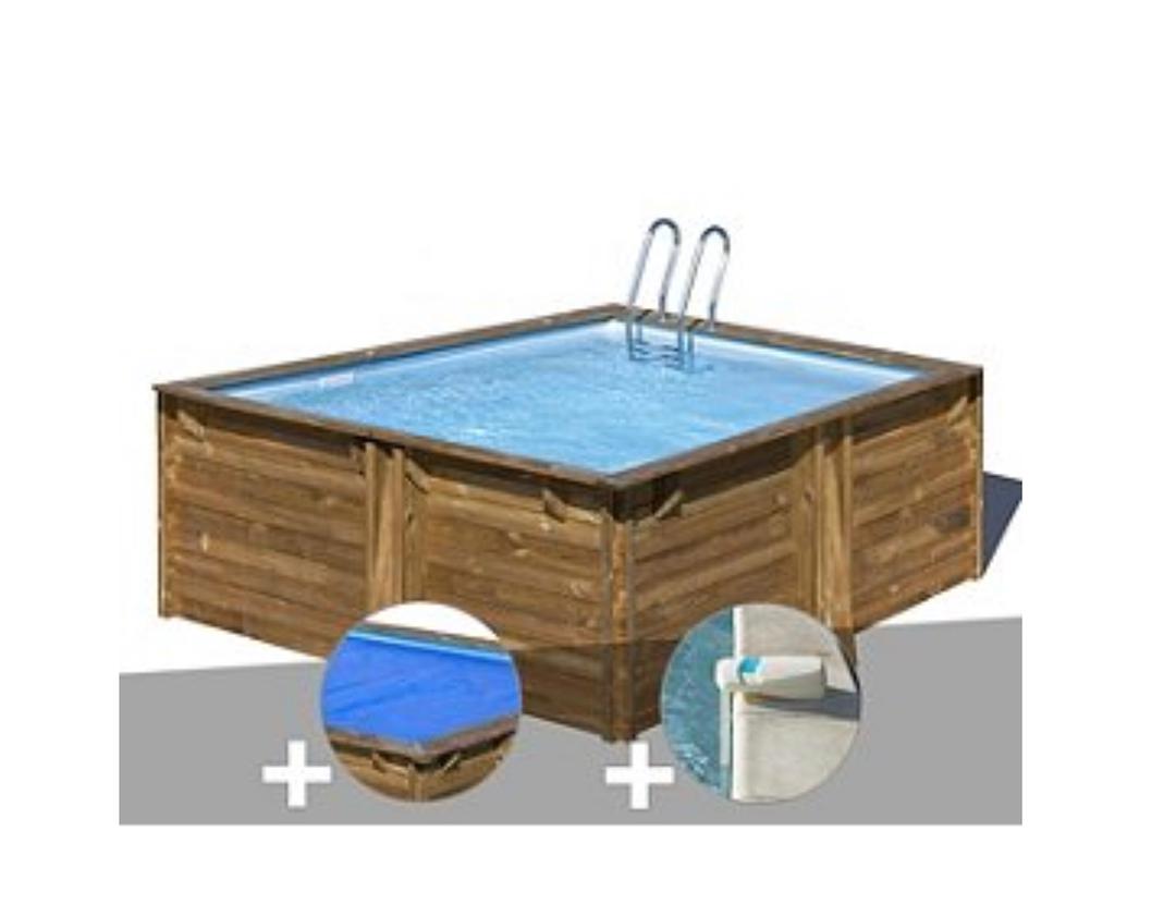 Kit piscine bois Gré Carra 3,05 x 3,05 x 1,19 m + Bâche à bulles + Alarme