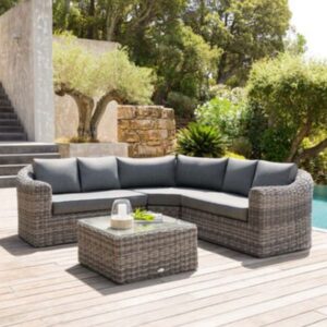 Salon d'angle de jardin Mooréa Terre d'ombre 5 places - Aluminium traité époxy, Résine tressée, Polyester